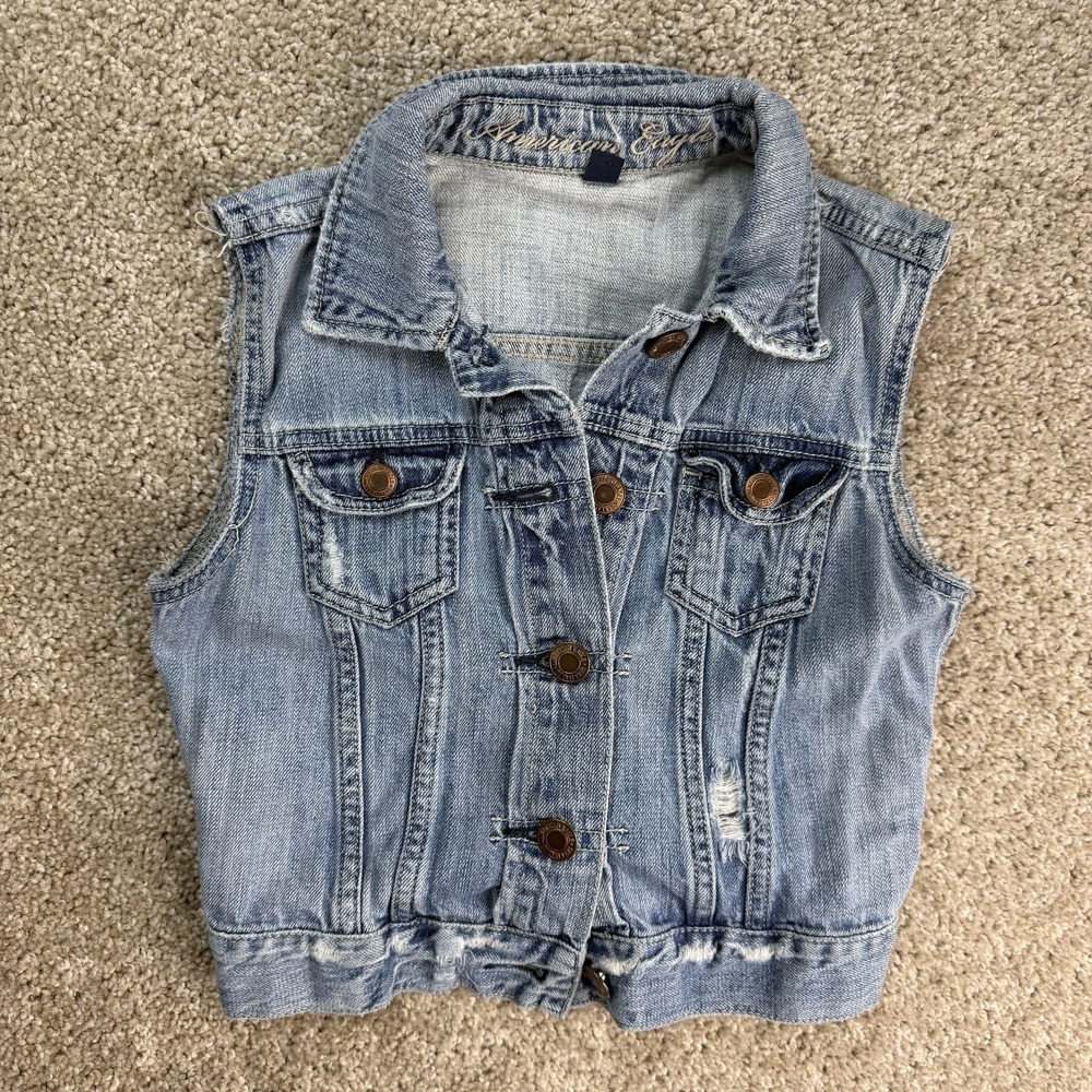 Y2K American Eagle Denim Crop Vest Womens XS Blue Button Front Adjustable Waist